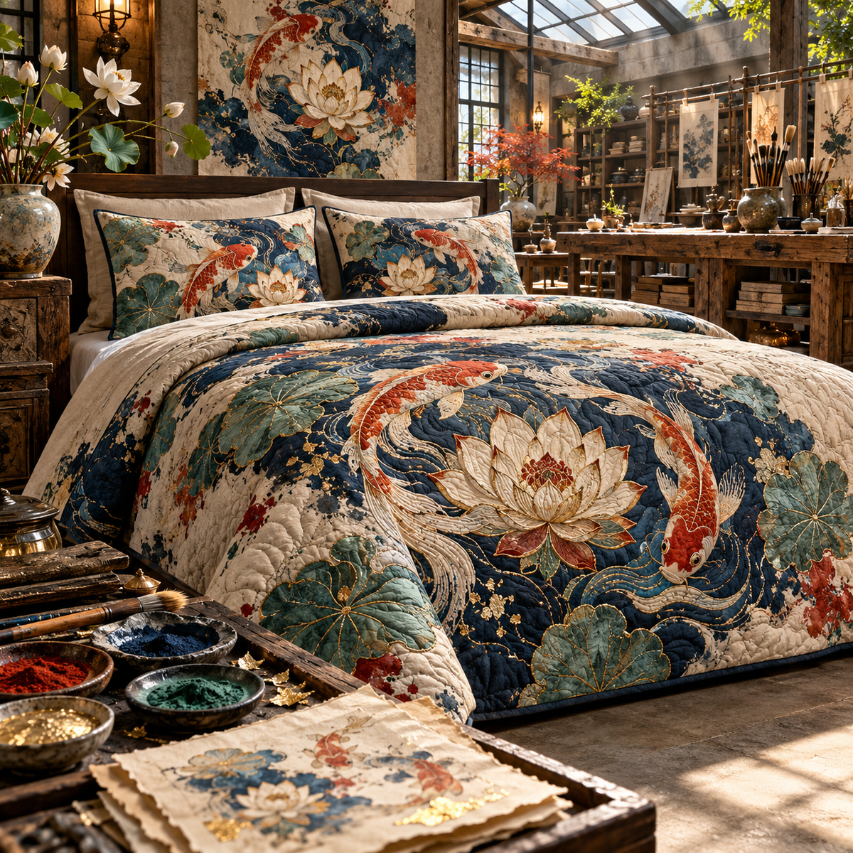 One quilted bedding set with an original Koi Lotus Atelier Current and maximum-depth printed illusion.