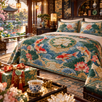One quilted bedding set with an original Koi Lotus Gracious Pavilion and maximum-depth printed illusion.