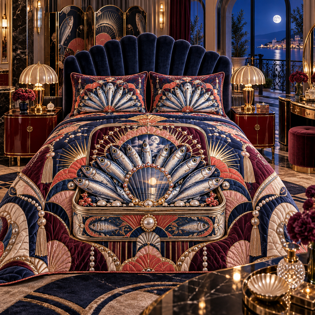 One quilted bedding set with an original Sardine Nocturne Deco Cabinet and maximum-depth printed illusion.
