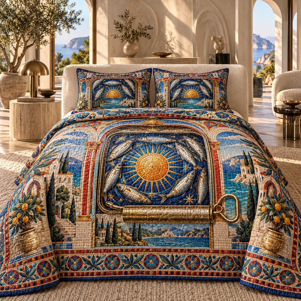 One quilted bedding set with an original Sardine Salon Mosaic Portal and maximum-depth printed illusion.