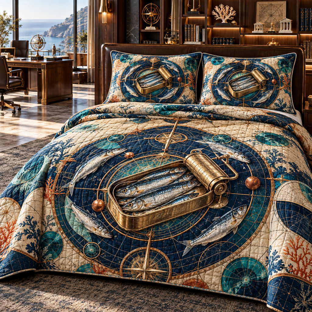 One quilted bedding set with an original Sardine Blueprint Observatory and maximum-depth printed illusion.