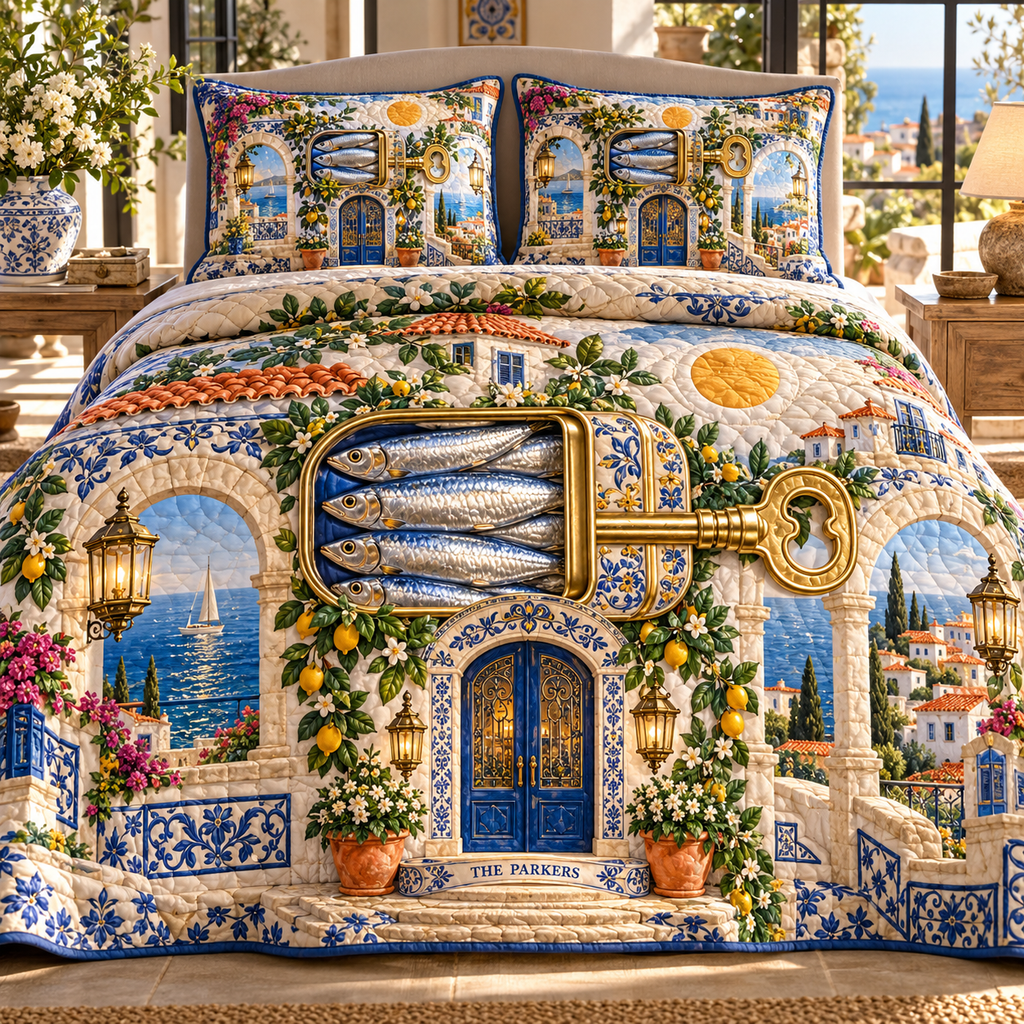 One quilted bedding set with an original Sardine Azulejo House Key and maximum-depth printed illusion.