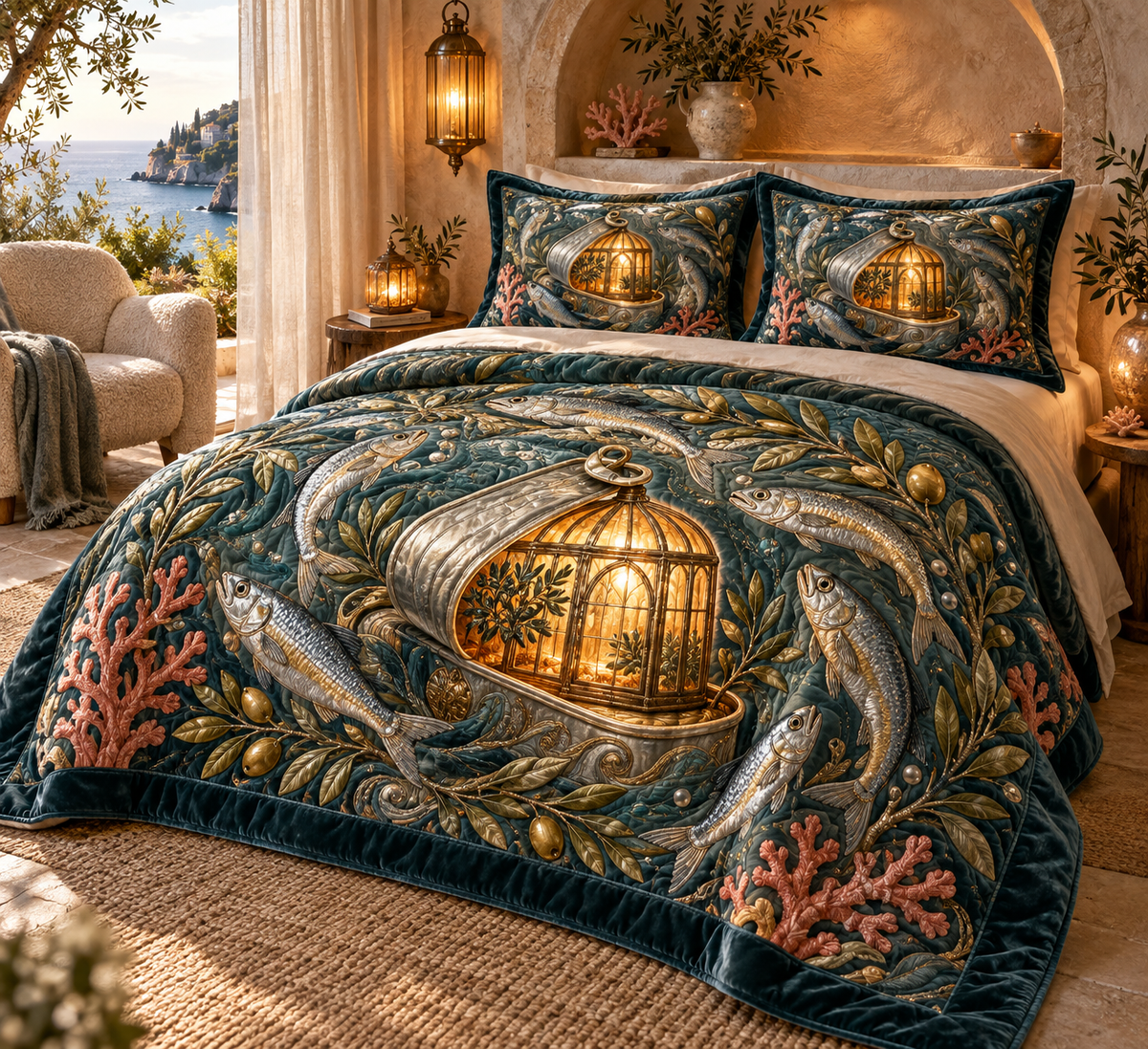 One quilted bedding set with an original Sardine Amber Lantern Alcove and maximum-depth printed illusion.