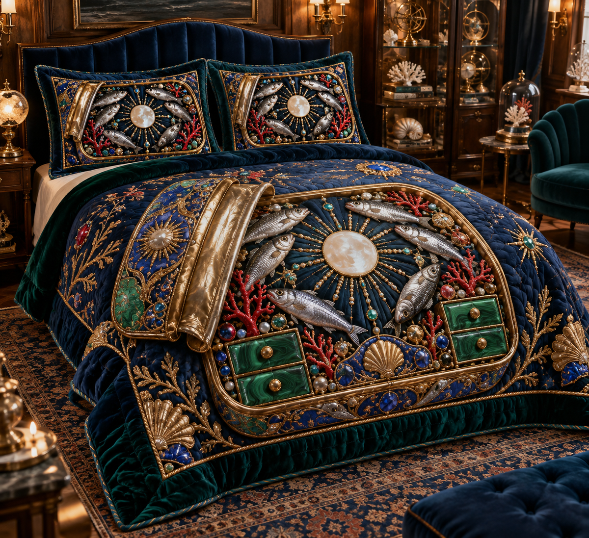 One quilted bedding set with an original Sardine Birthday Cabinet of Tides and maximum-depth printed illusion.