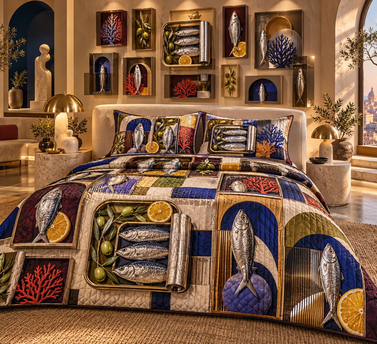 One quilted bedding set with an original Sardine Chromatic Shadowbox Salon and maximum-depth printed illusion.