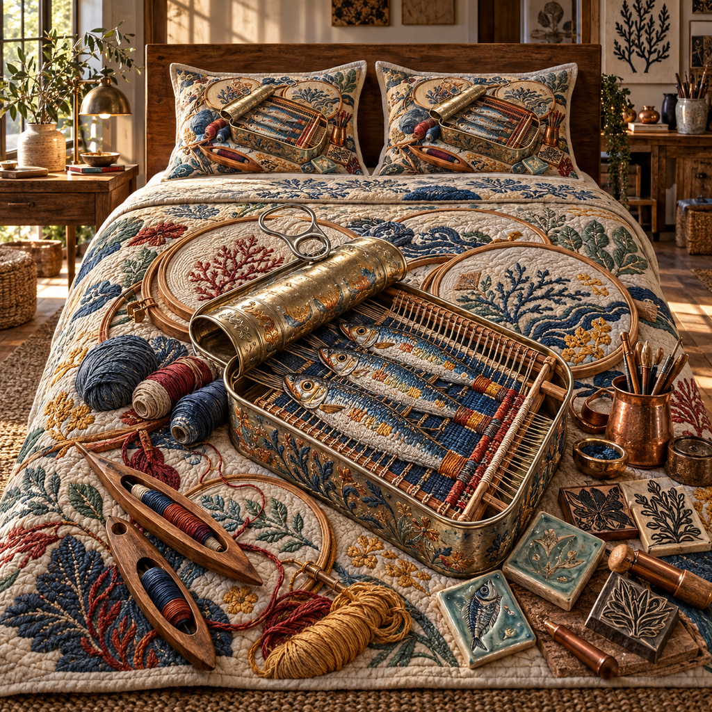 One quilted bedding set with an original Sardine Maker Loom Atelier and maximum-depth printed illusion.
