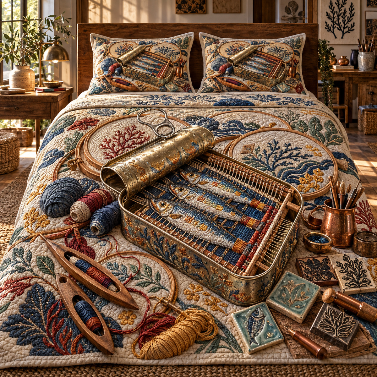 One quilted bedding set with an original Sardine Maker Loom Atelier and maximum-depth printed illusion.