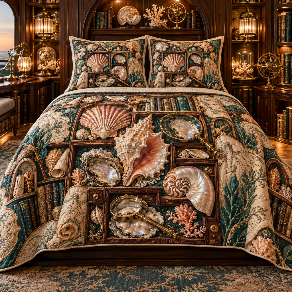 One quilted bedding set with an original Seashell Cartographer Lantern Library and maximum-depth printed illusion.