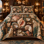 One quilted bedding set with an original Seashell Cartographer Lantern Library and maximum-depth printed illusion.