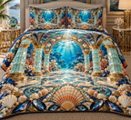 One quilted bedding set with an original Seashell Tidal Mosaic Atrium and maximum-depth printed illusion.