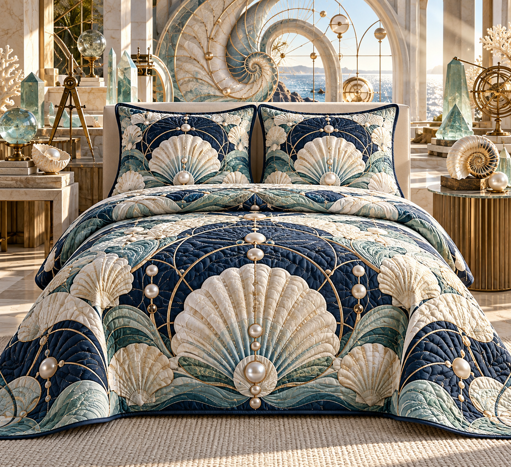 One quilted bedding set with an original Seashell Pearl Geometer Studio and maximum-depth printed illusion.