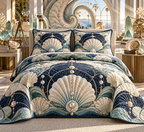 One quilted bedding set with an original Seashell Pearl Geometer Studio and maximum-depth printed illusion.