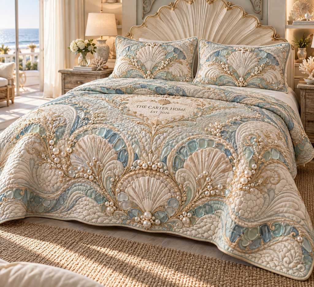 One quilted bedding set with an original Seashell Pearl Address Sanctuary and maximum-depth printed illusion.