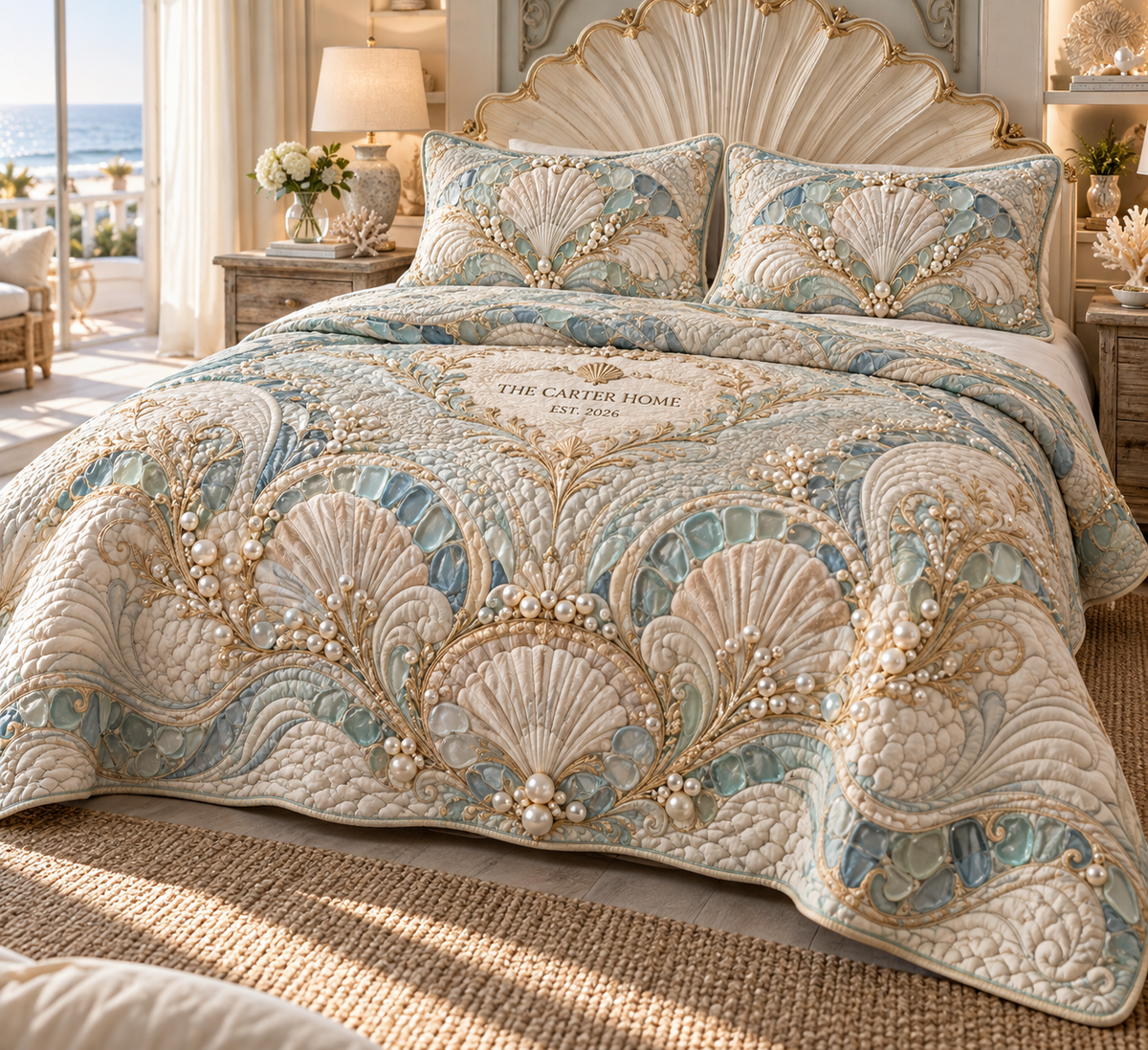 One quilted bedding set with an original Seashell Pearl Address Sanctuary and maximum-depth printed illusion.