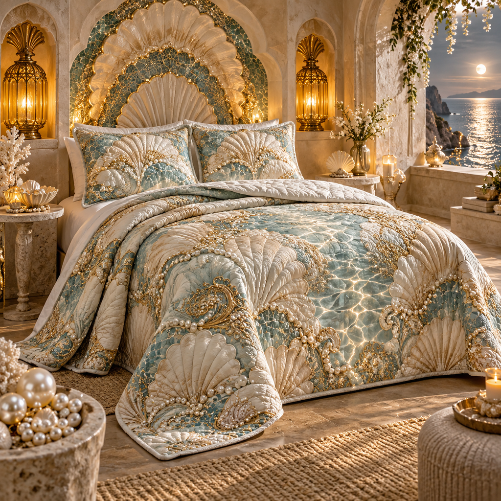 One quilted bedding set with an original Seashell Amber Grotto Alcove and maximum-depth printed illusion.