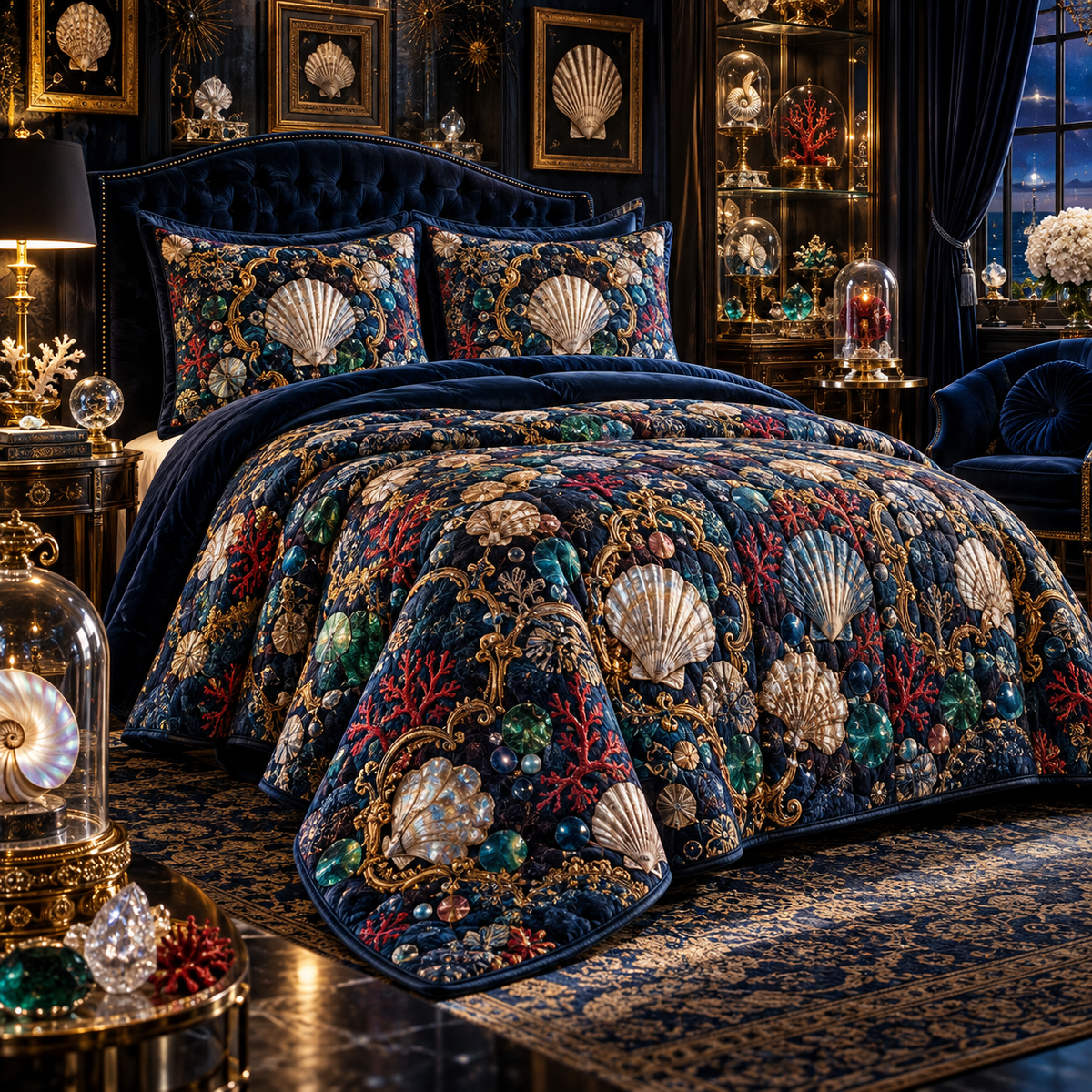One quilted bedding set with an original Seashell Jewel Curio Jubilee and maximum-depth printed illusion.