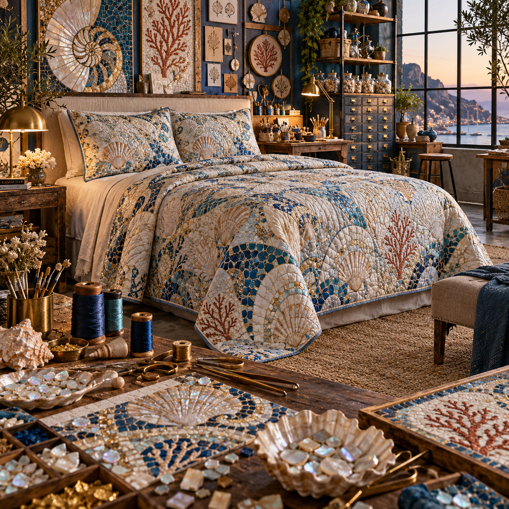 One quilted bedding set with an original Seashell Maker Mosaic Atelier and maximum-depth printed illusion.