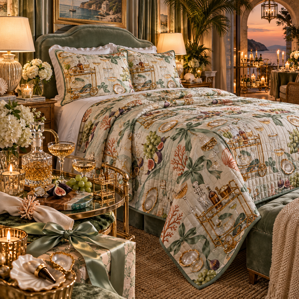 One quilted bedding set with an original Seashell Gilded Aperitif Cart and maximum-depth printed illusion.