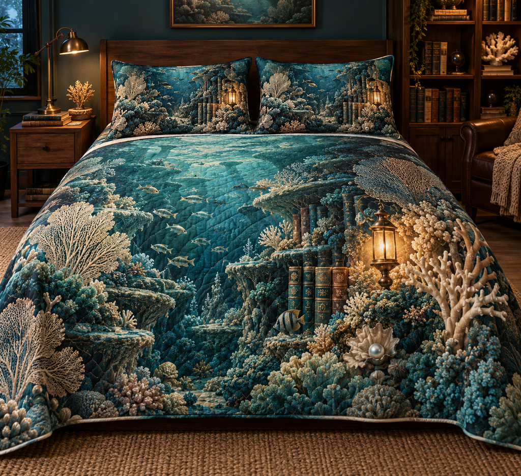 One quilted bedding set with original Coral Reef Lantern Library and maximum-depth printed illusion.
