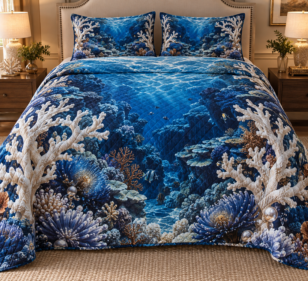 One quilted bedding set with original Coral Reef Sapphire Atrium and maximum-depth printed illusion.