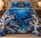 One quilted bedding set with original Coral Reef Sapphire Atrium and maximum-depth printed illusion.