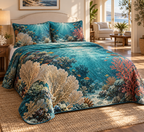 One quilted bedding set with original Coral Reef Sunlit Gallery optical-depth print.