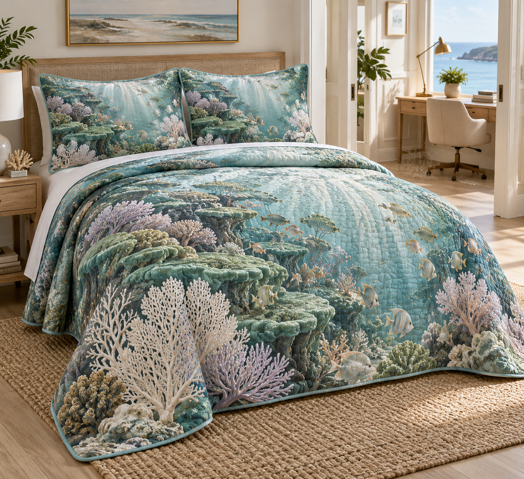 One quilted bedding set with original Coral Reef Moonstone Passage optical-depth print.