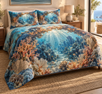 One quilted bedding set with original Coral Reef Hearthlight Cove optical-depth print.
