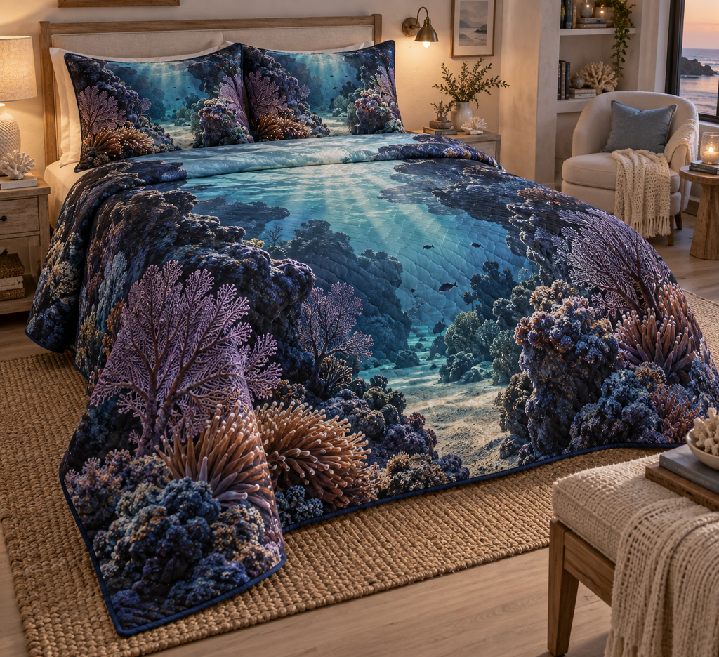 One quilted bedding set with original Coral Reef Dusk Alcove optical-depth print.