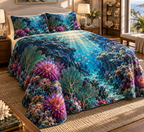 One quilted bedding set with original Coral Reef Opal Treasury optical-depth print.