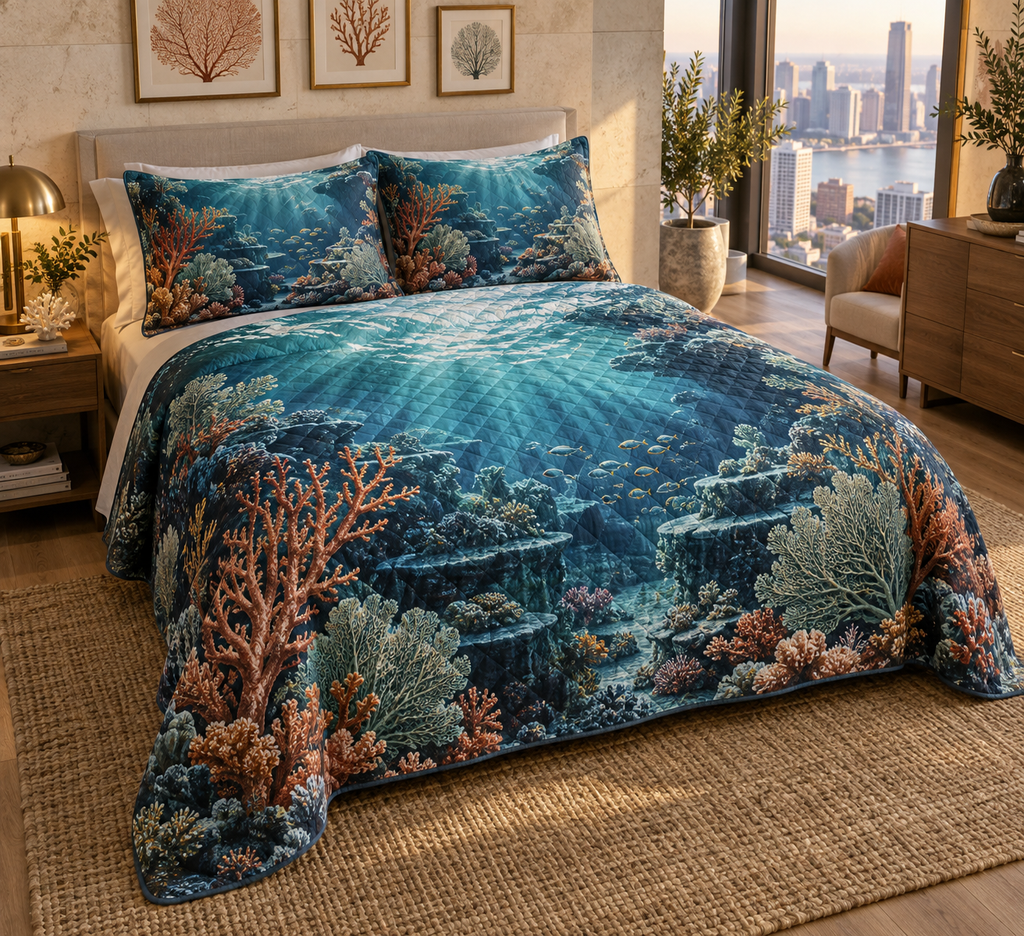 One quilted bedding set with original Coral Reef Gallery Passage optical-depth print.