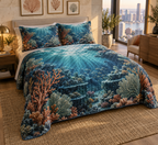 One quilted bedding set with original Coral Reef Gallery Passage optical-depth print.