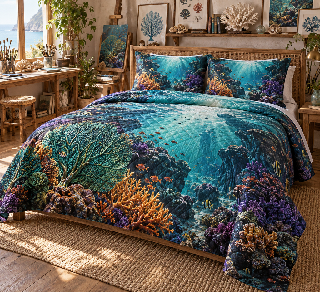 One quilted bedding set with original Coral Reef Atelier Current optical-depth print.