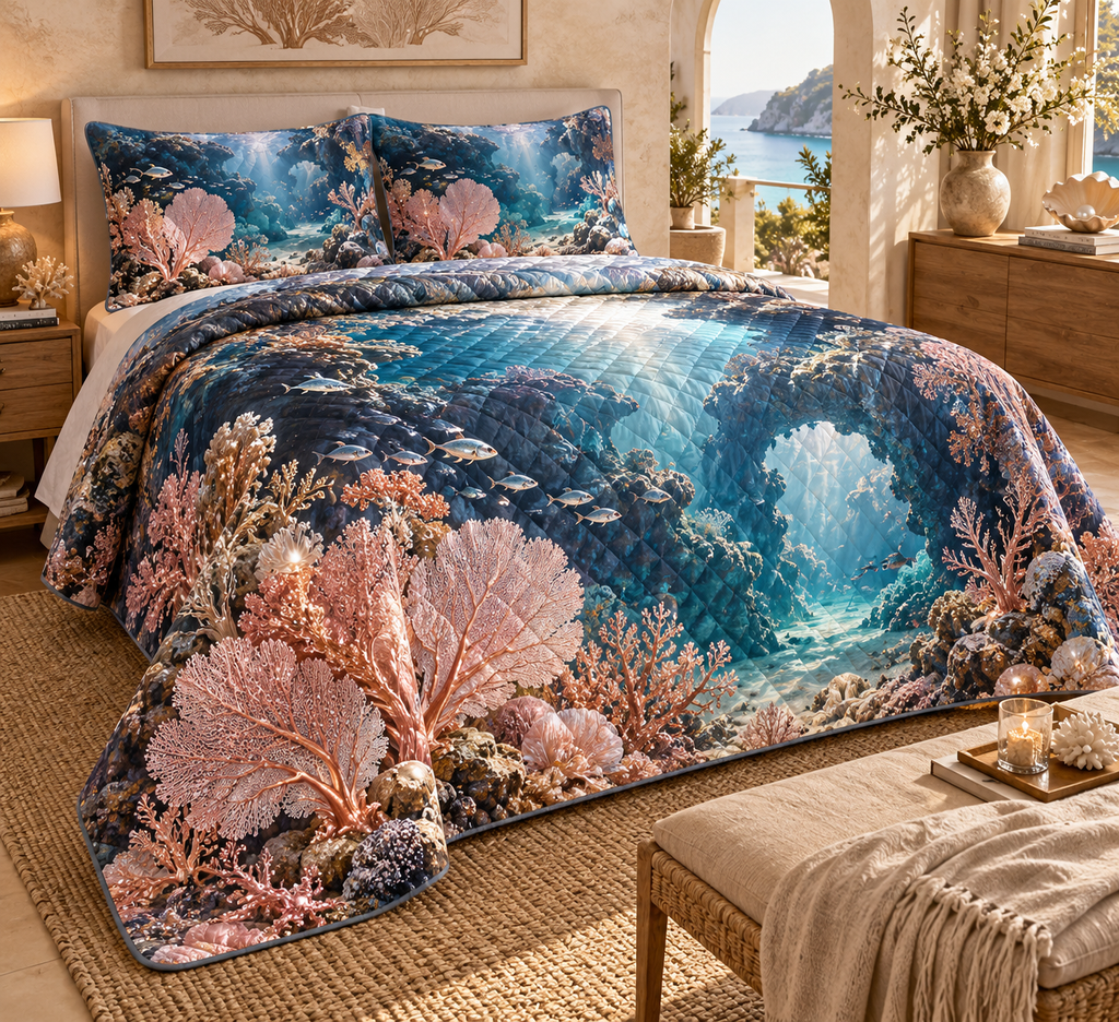 One quilted bedding set with original Coral Reef Pearl Welcome optical-depth print.