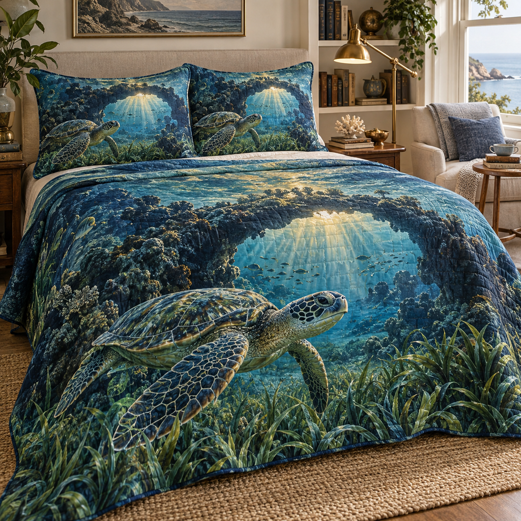 One quilted bedding set with original Sea Turtle Lagoon Reading Nook optical-depth print.