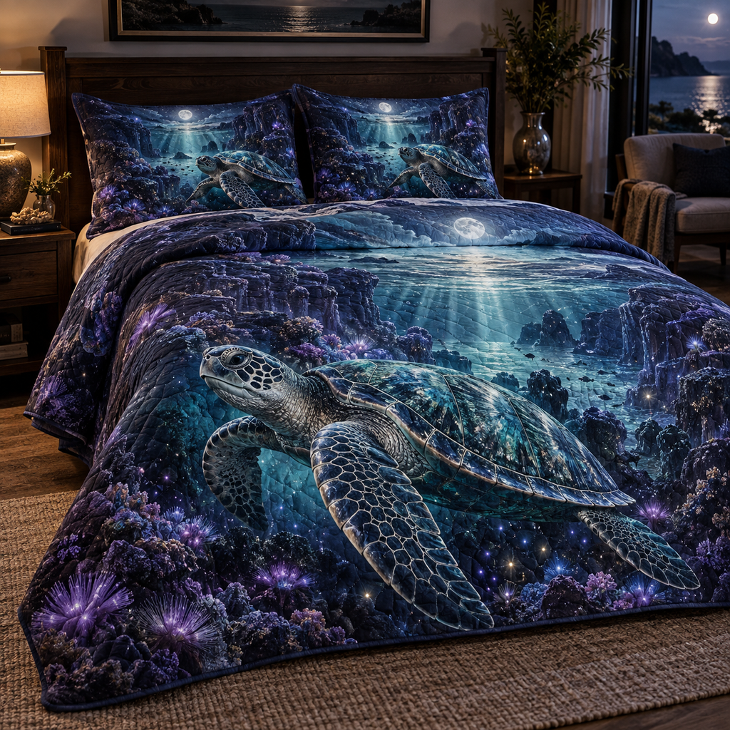 One quilted bedding set with original Sea Turtle Moon Garden optical-depth print.