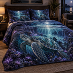 One quilted bedding set with original Sea Turtle Moon Garden optical-depth print.