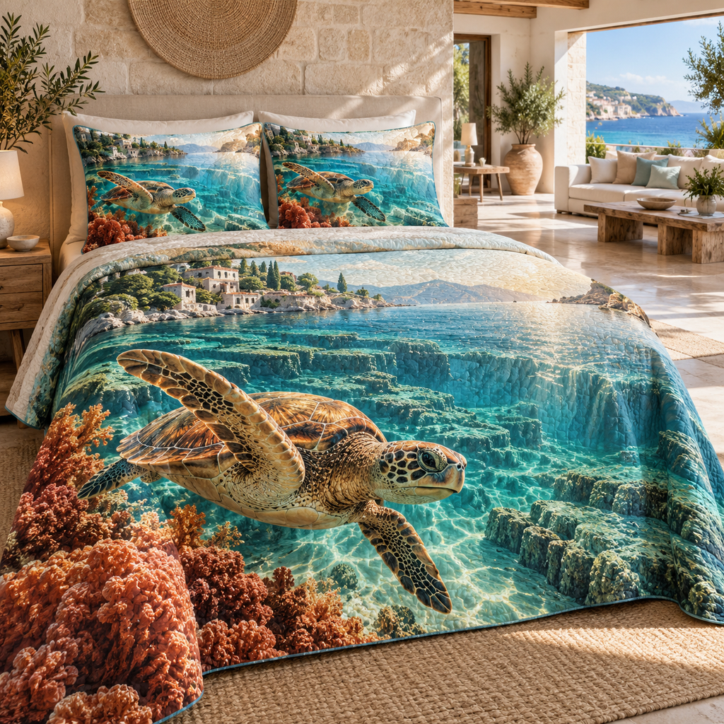 One quilted bedding set with original Sea Turtle Sunlit Terraces optical-depth print.