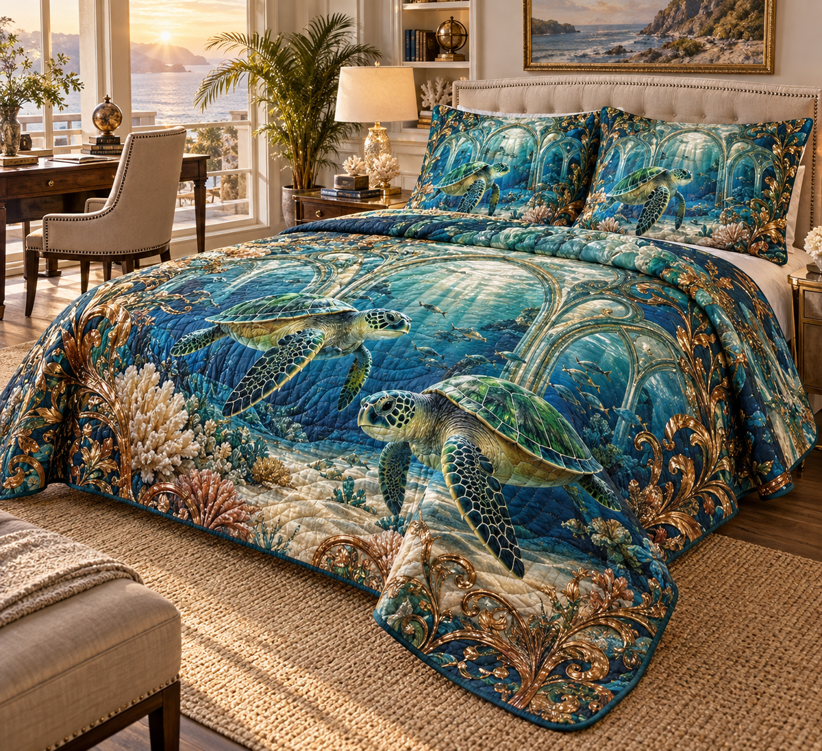 One quilted bedding set with original Sea Turtle Glass Atrium optical-depth print.