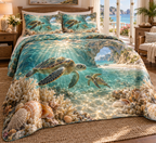 One quilted bedding set with original Sea Turtle Pearl Threshold optical-depth print.