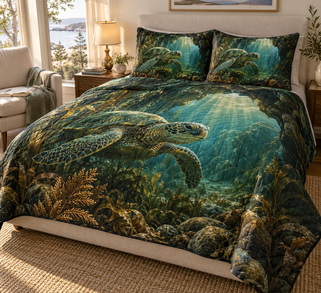 One quilted bedding set with original Sea Turtle Willow Grotto optical-depth print.