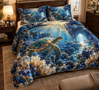 One quilted bedding set with original Sea Turtle Sapphire Reliquary optical-depth print.
