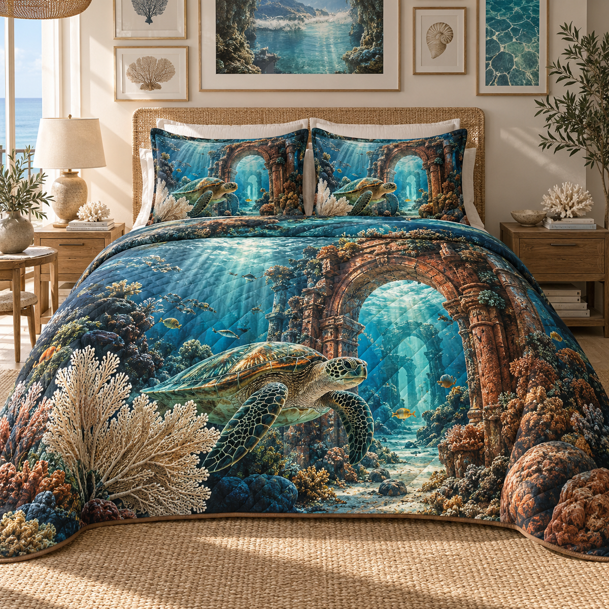 One quilted bedding set with original Sea Turtle Terracotta Portal optical-depth print.