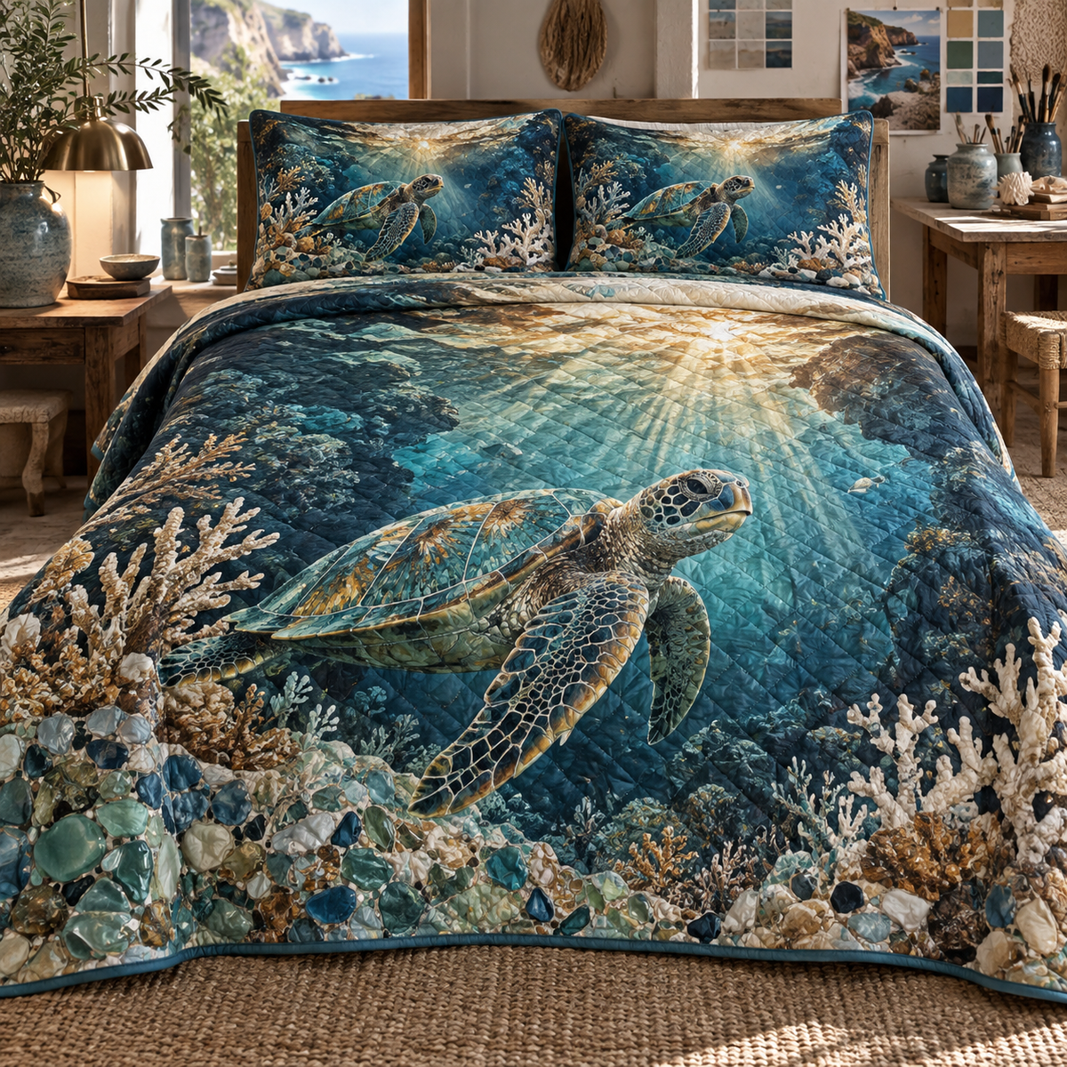 One quilted bedding set with original Sea Turtle Atelier Mosaic optical-depth print.
