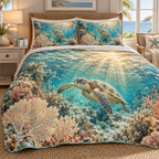 One quilted bedding set with original Sea Turtle Sunlit Welcome optical-depth print.