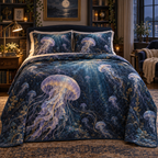 One quilted bedding set with original Jellyfish Moonlit Library optical-depth print.