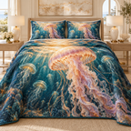 One quilted bedding set with original Jellyfish Pearl Aurora optical-depth print.