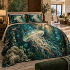 One quilted bedding set with original Jellyfish Verdigris Atrium optical-depth print.
