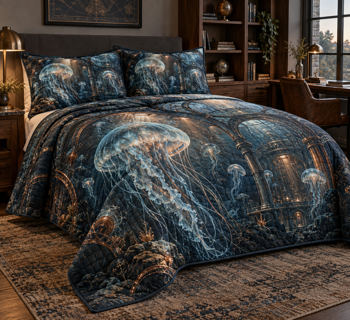 One quilted bedding set with original Jellyfish Copper Observatory optical-depth print.