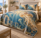 One quilted bedding set with original Jellyfish Amber Tidehall optical-depth print.
